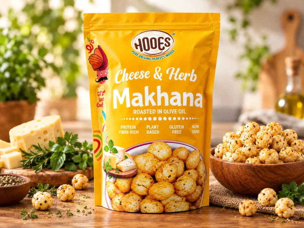 Cheese and herb makhana roasted in olive oil with a crispy, flavorful snack texture