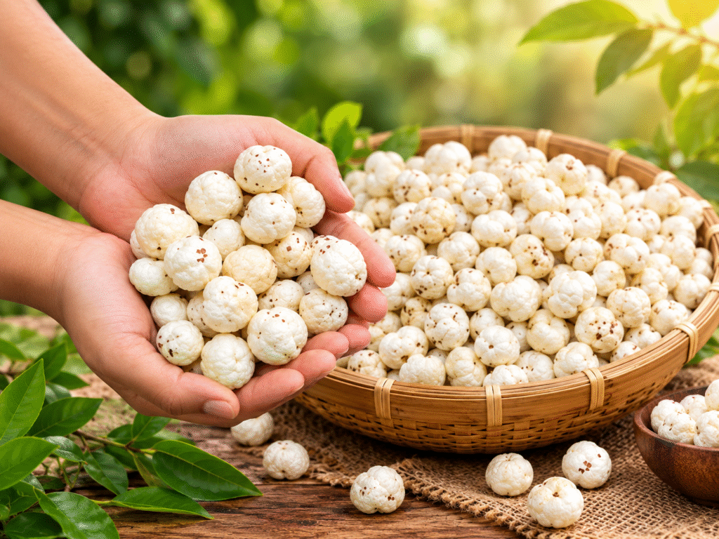 Raw phool makhana seeds graded by size from a makhana supplier in Montreal