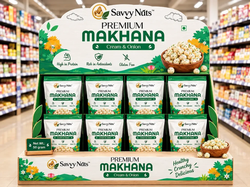 Savvy Nuts Premium Makhana Cream & Onion retail display with branded pouches arranged on a green and white supermarket stand, featuring product benefits and bowls of makhana.